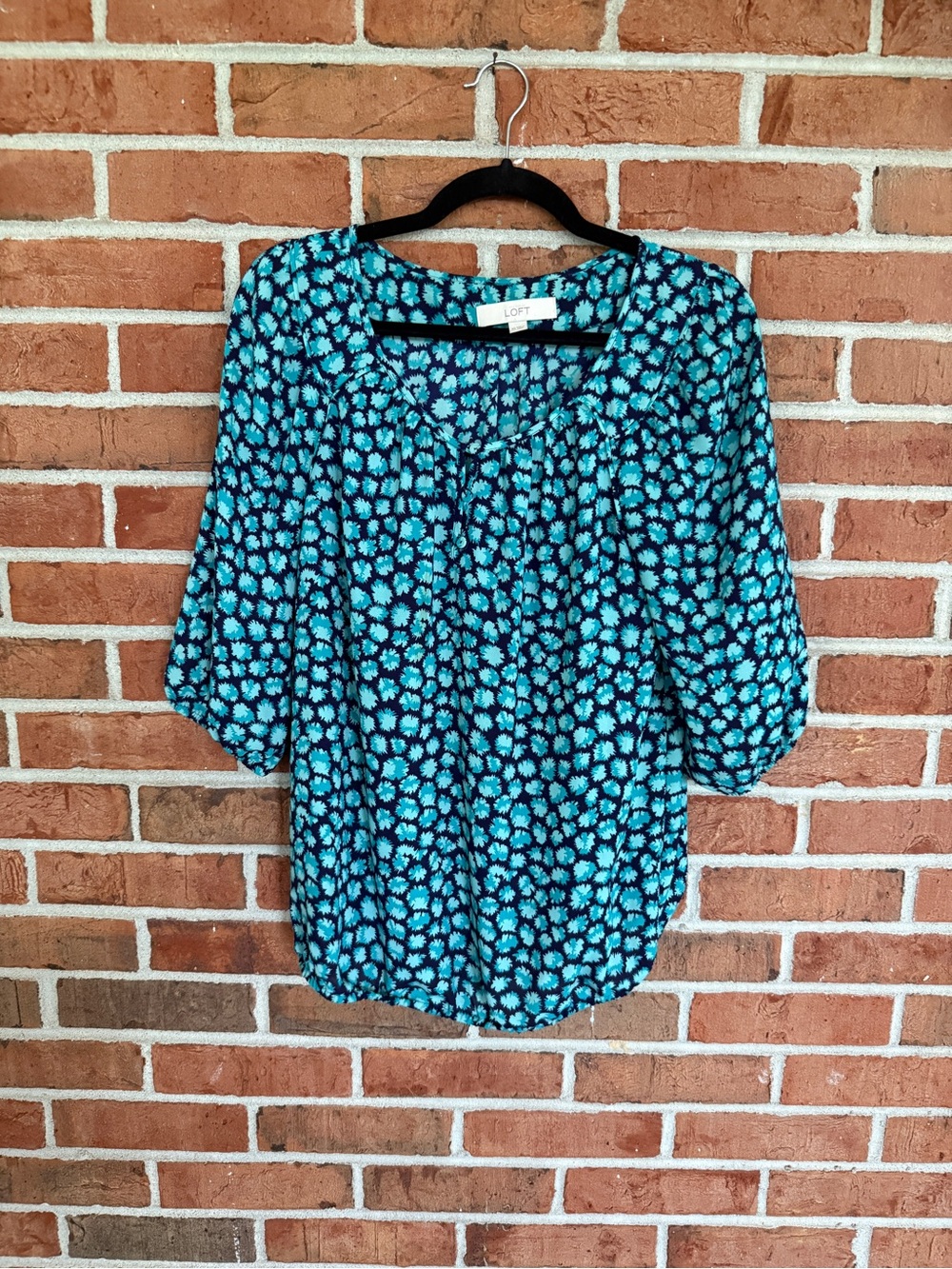LOFT Teal and Black Floral Peasant Top